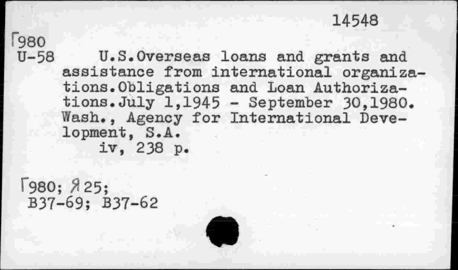 ﻿14548
P980
U-58 U.S.Overseas loans and grants and assistance from international organiza tions.Obligations and Loan Authorizations.July 1,1945 - September 30,1980. Wash., Agency for International Development, S.A. iv, 238 p.
f980; ft25;
B37-69; B37-62